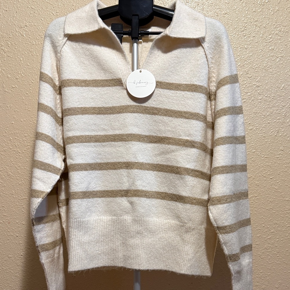 Striped Cream & Beige Sweater by ‘In February’ women’s size Medium relaxed fit
